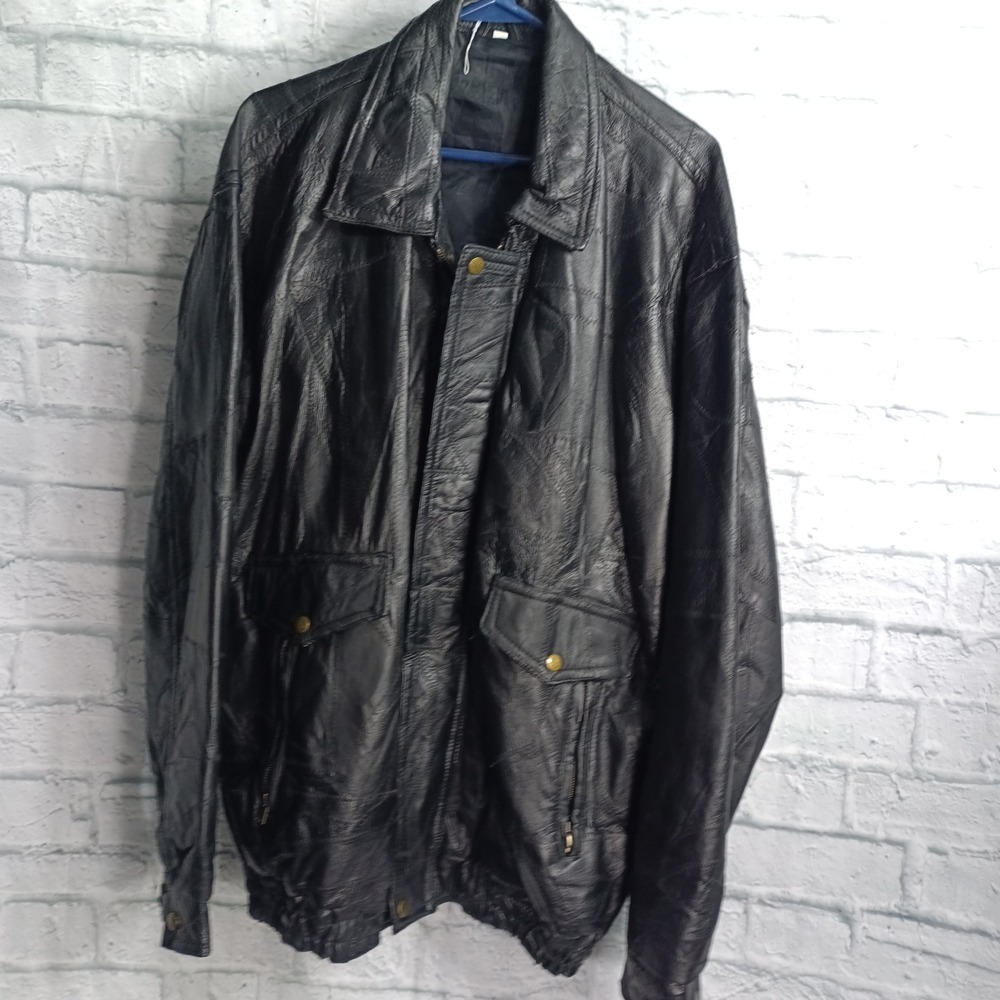 Unbranded Mens XXL Black Leather Patchwork Bomber Jacket Vintage Zig Zag Stitch